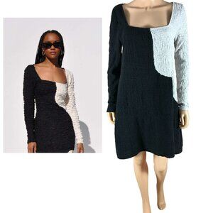 Black & Gray Popcorn Scrunchy Casual Long Sleeve Dress LARGE